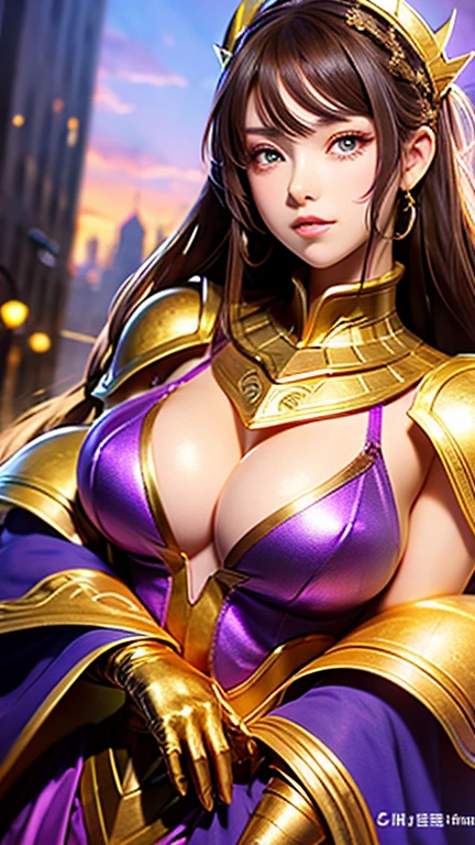 Close-up of a woman in a gold and purple dress, Chengwei Pan at Art Station, by ヤン・J, detailed fantasy art, amazing character art, fan art best art station, Magnificent and exquisite character art, beautiful armor, very detailed art, detailed digital anime art, art station artgerm on pixiv, girl in armor、Super big breasts、super huge breasts、very big 、saggy breasts