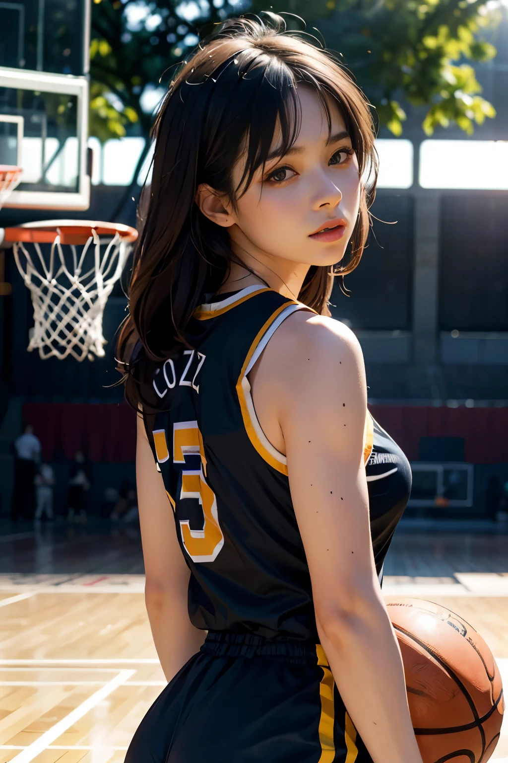 8 thousand, best quality, masterpiece: 1.2), (realistic, realistic: 1.37), very detailed, best quality, ultra high resolution, professional lighting, photon mapping, radio city, Physically Based Rendering, movie lights , Basketball courts, depth of field, Concentrate upon, sun rays, good composition, (bokeh: 1.2), 1 girl, (whole body), (closed mouth), beautiful eyes, pose, constriction, basketball uniform, black hair , messy hair, long hair blowing in the wind,(Ulzzang-6500:1.2) mix 4, hiqcgbody, big bust, A little sexy outfit, clothes:random color,