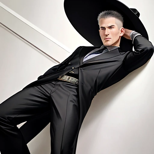 ((highest quality)), ((masterpiece)), (be familiar with), Perfect face Hollywood Zakoshi Show、Tin Kong Kan Kong、Tin Kong Kan Kongと叫びながら右往左往している。
His outfit、Barefoot in black briefs only、Wearing a black cowboy hat、He is of medium build and has a shaved head. He is 48 years old.