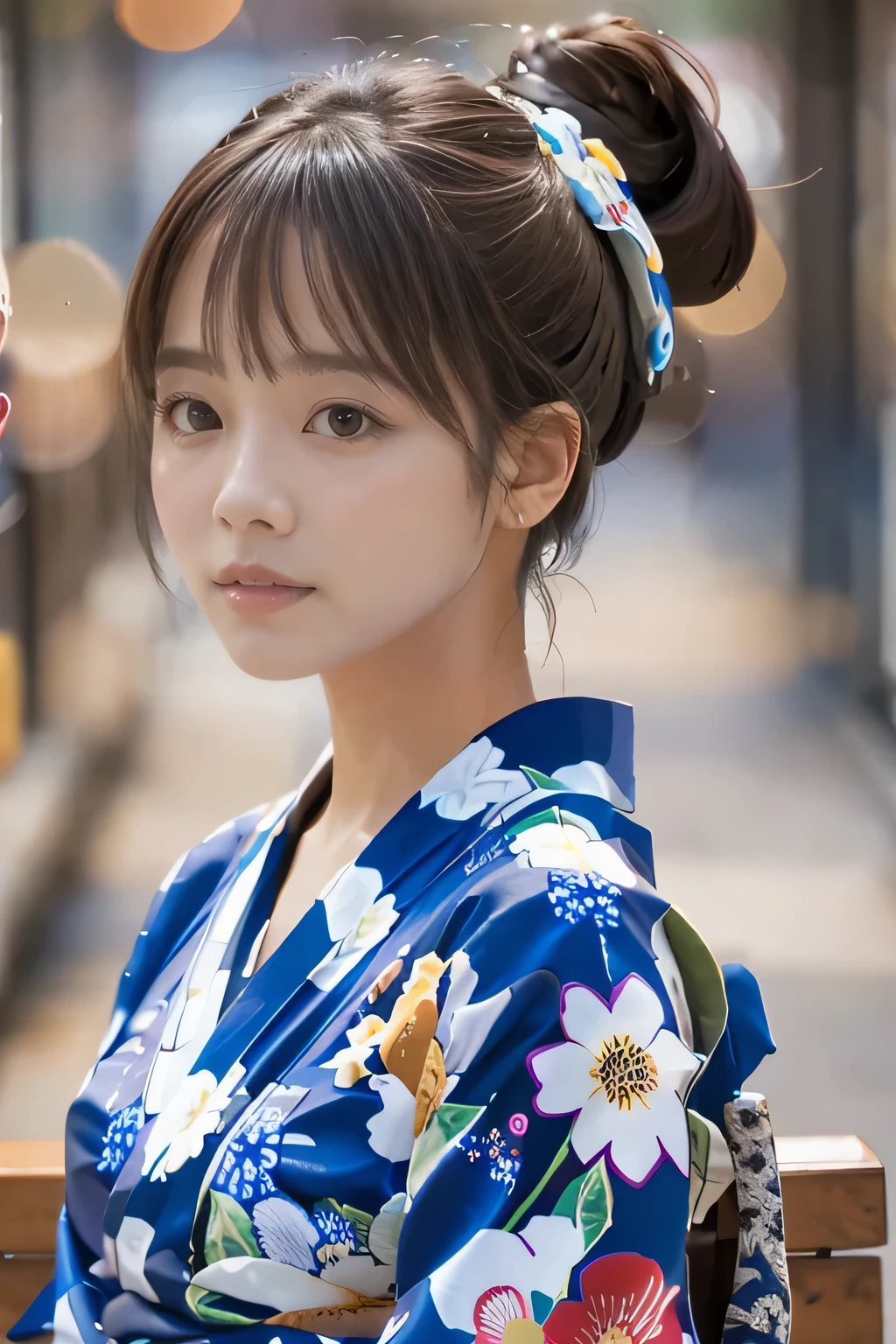 (table top, highest quality:1.4), beautiful face, 8K, 85mm, absurd, (floral pattern yukata:1.4), close up of face, violaces, gardenia, delicate girl, alone, night, looking at the viewer, Medium chest、Upper body, film grain, chromatic aberration, sharp focus, face light, professional lighting, Sophisticated, (smile:0.4), (simple background, background bokeh:1.2), Surface details,fireworks festival background、(Hair tied back in a ponytail:1.2)、Bangs hang on the forehead