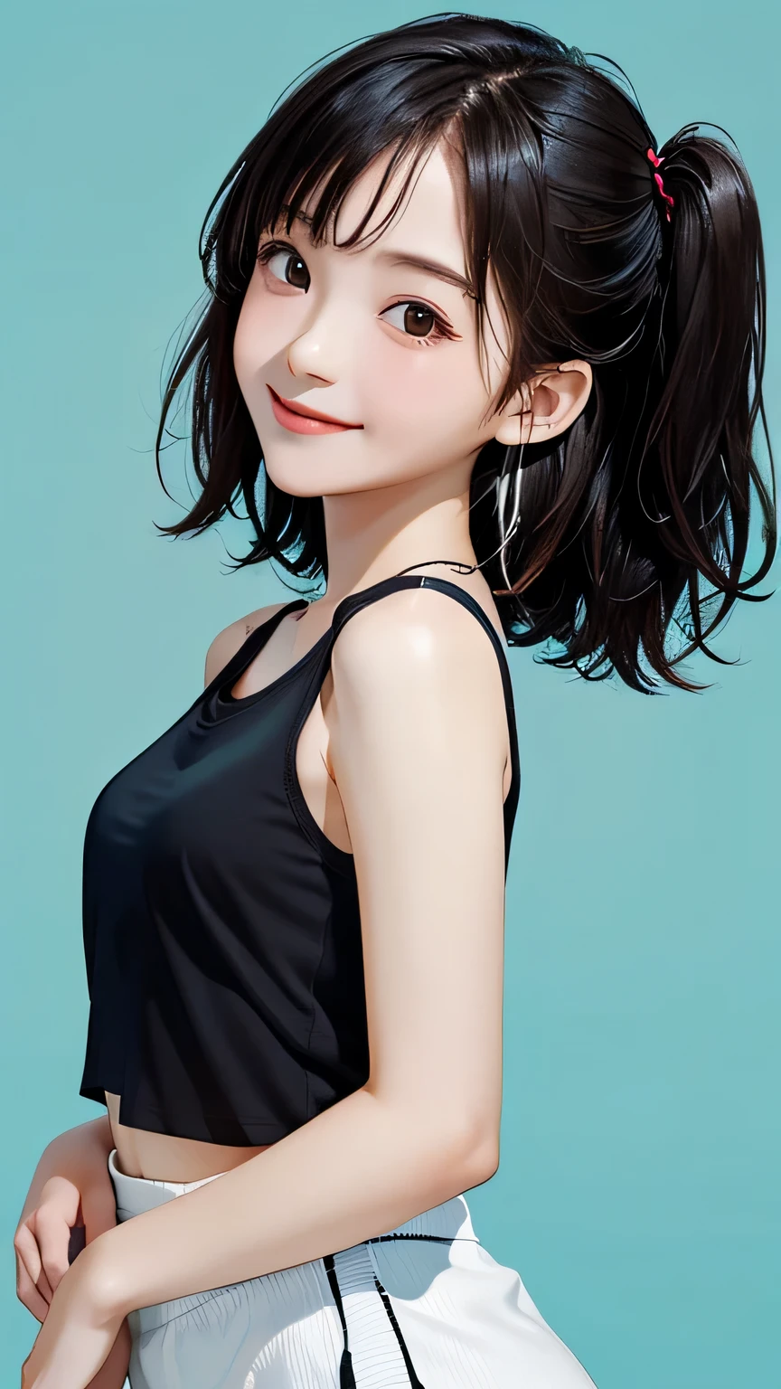 (((Masterpiece))),((top quality)),one beautiful Japanese girl,14 years old、young、bangs、wavy hair、(((two side up:1.5)))、short hair、black hair、brown eyes、droopy eyes、smile、(The background is plain)、mini skirt、(Tank top:1.5)、barefoot