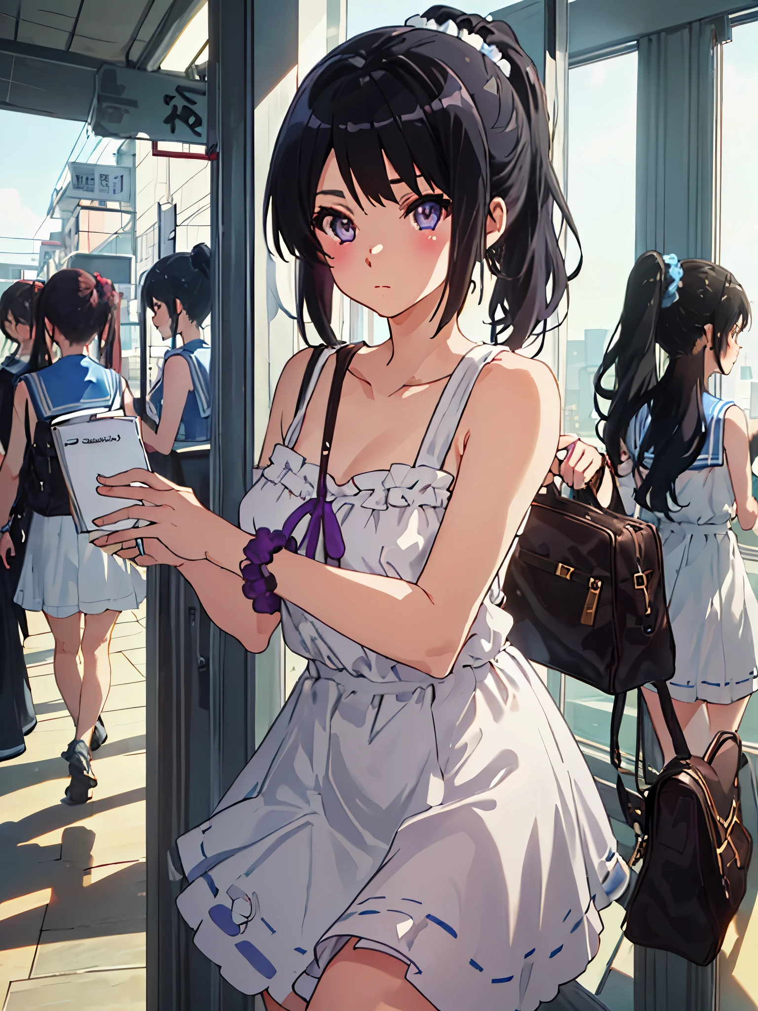 solo, {kousaka_reina_soundeuphonium:1.15}, black hair, long hair, purple eyes, blush, bangs, closed mouth, ponytail, 
BREAK (serafuku, bare shoulders, dress, sleeveless, collarbone, bag, handbag, scrunchie, sleeveless dress, 
:1.2)
BREAK (masterpiece:1.2), best quality, high resolution, unity 8k wallpaper, (illustration:0.8), (beautiful detailed eyes:1.6), extremely detailed face, perfect lighting, extremely detailed CG, (perfect hands, perfect anatomy),