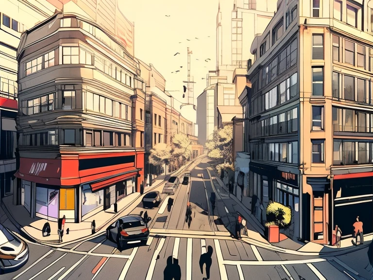 detailed drawing, cityscape with a bustling street scene in a bird's eye view. The left half of the panel should feature a tall building with yellow windows, while the right half should depict a busy intersection with people rushing about. The sunlight should be bright, casting long shadows on the streets. Use bold lines and curved shapes for a stylized effect, grey scale: 2, 