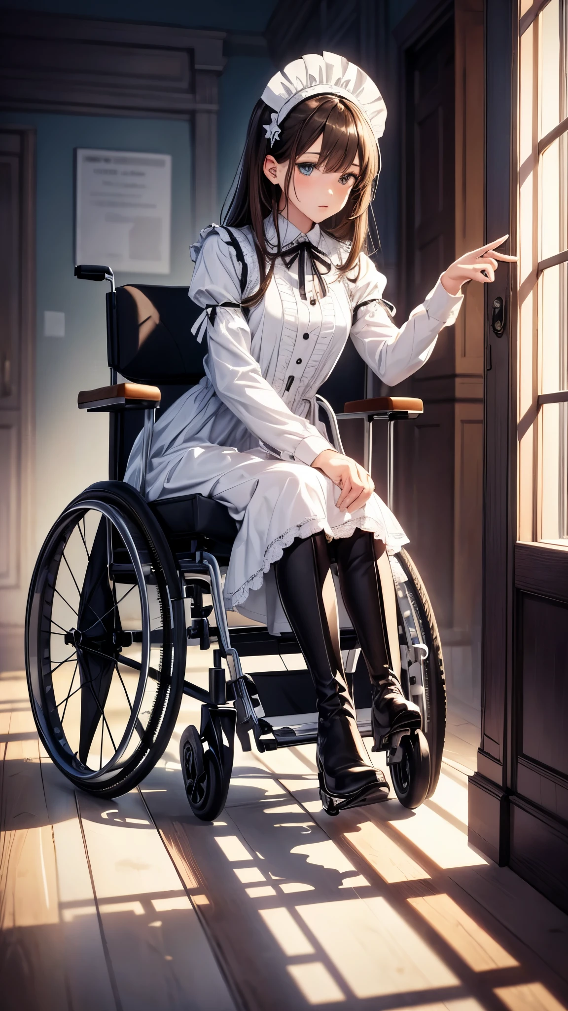 (ultra-detailed, realistic), hospital scene, [medium:oil painting], [professional:1.1], [physically-based rendering], [vivid colors], [sharp focus], [studio lighting], [extreme detail description], [best quality,4k,8k,highres,masterpiece:1.2],(cowboy shot),inside the house,inside the room,((one 18 years old boy,femboy,trap,flat chest)),((ride in an electric wheelchair)),((operate a power wheelchair)),(brown hair’s office lady is pushing the wheelchair),(long shiver hair),(gloomy), [streesed eyes],((gothic lolita fashion, white gothic 
 lolita dress, white gothic long boots))