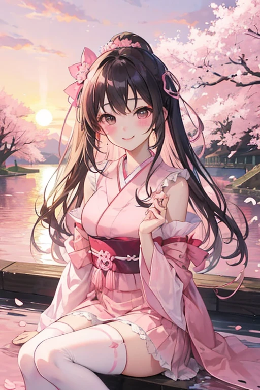 sakuramiku, Upper body, smile, blush, sitting, ((cherry blossoms)), ((pink sleeves)), pink tone, ((pink stockings)), pink sky, sunset, lake, reflection