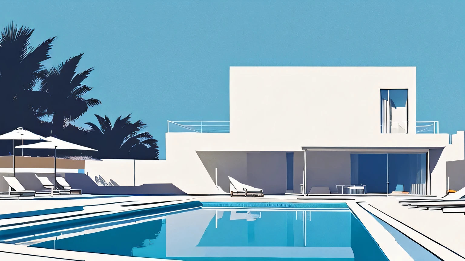 A simple illustration by Hiroshi Nagai　A simple, white, angular building with a pool and the sea　California summer blue sky and beach　Tranquil scenery　calm sea　rustic illustration　70's style