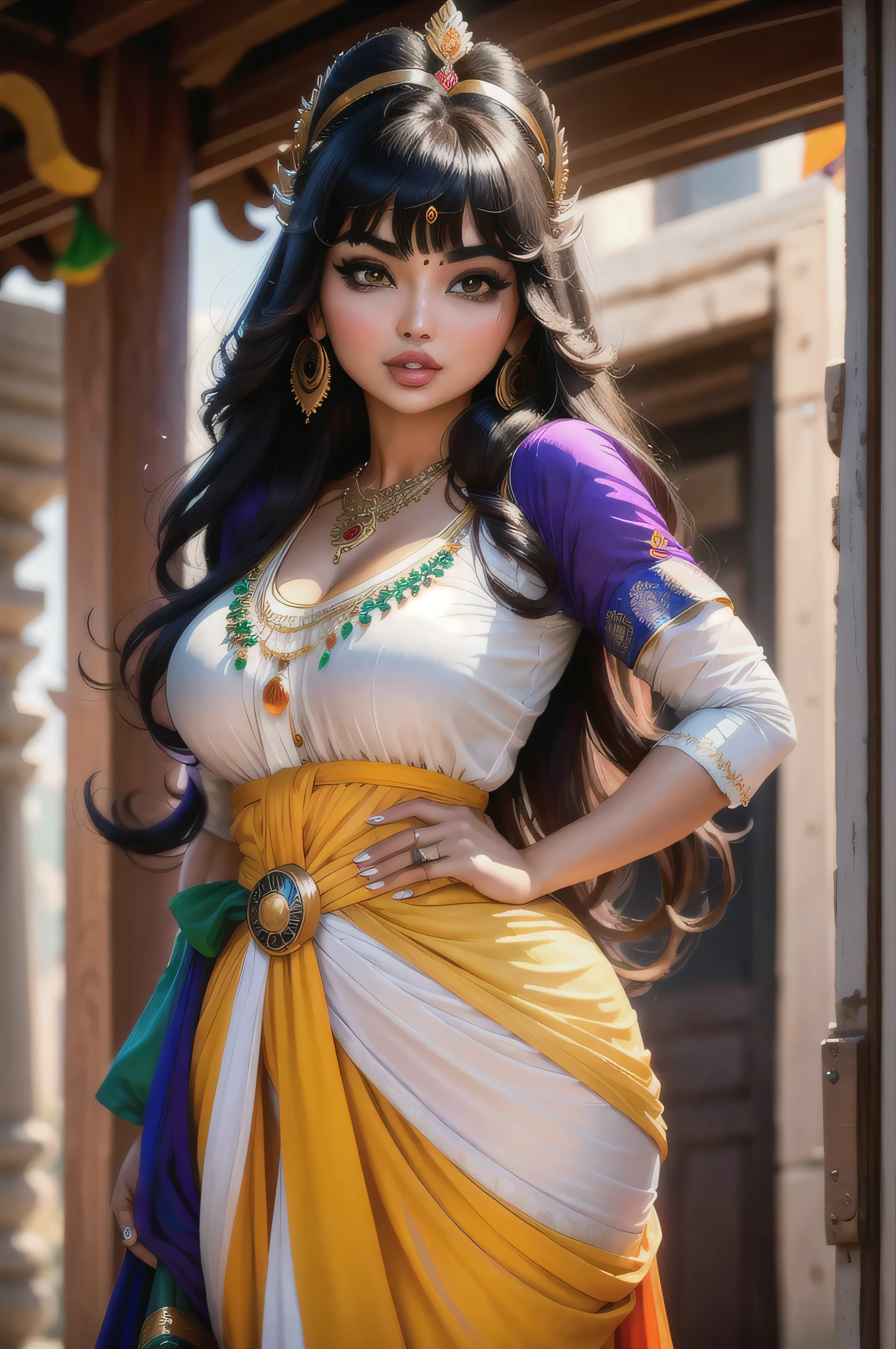 4k, beautiful, pretty face, elf girl, , young, 20s, (masterpiece:1.2), (best quality:1.2), (tiny waist:1.3), wide hips, necklace, perfect eyes, White eyes, white pupils, perfect face, perfect lighting, (shy:1.2), introvert, looking away, blush, (1girl) , black hair, violet outfit, (straight hair), wide mouth, thick lips, india, Hinduism, indian clothes, a close up portrait photo of beautiful Ayesha Takia , Ayesha Takia , black hair, violet and white dress, orange clothes, white clothes, green clothes, indian flag dress