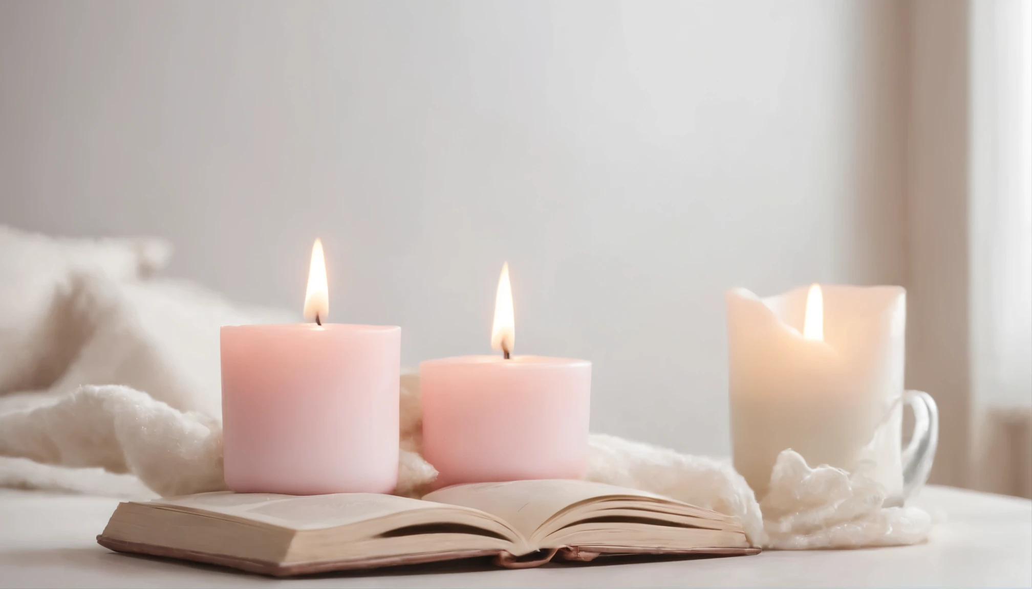 Zen atmosphere, commercial photography, live action, HD, masterpiece, movie style,
Fluffy cloth, cushions, bright room, beige candles,
A soothing space, a nice smelling room, a pink book cover, relaxing,