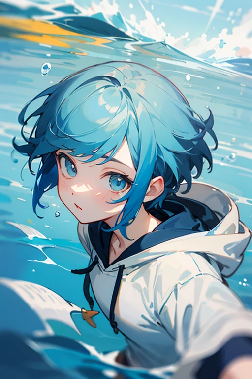 ((highest quality)) ((masterpiece)) perfect face blue hair short hair odd eye An illustration Light Blue Hoodie one person In the sea Swimming neutral let your hair flow Highest image quality middle School girls