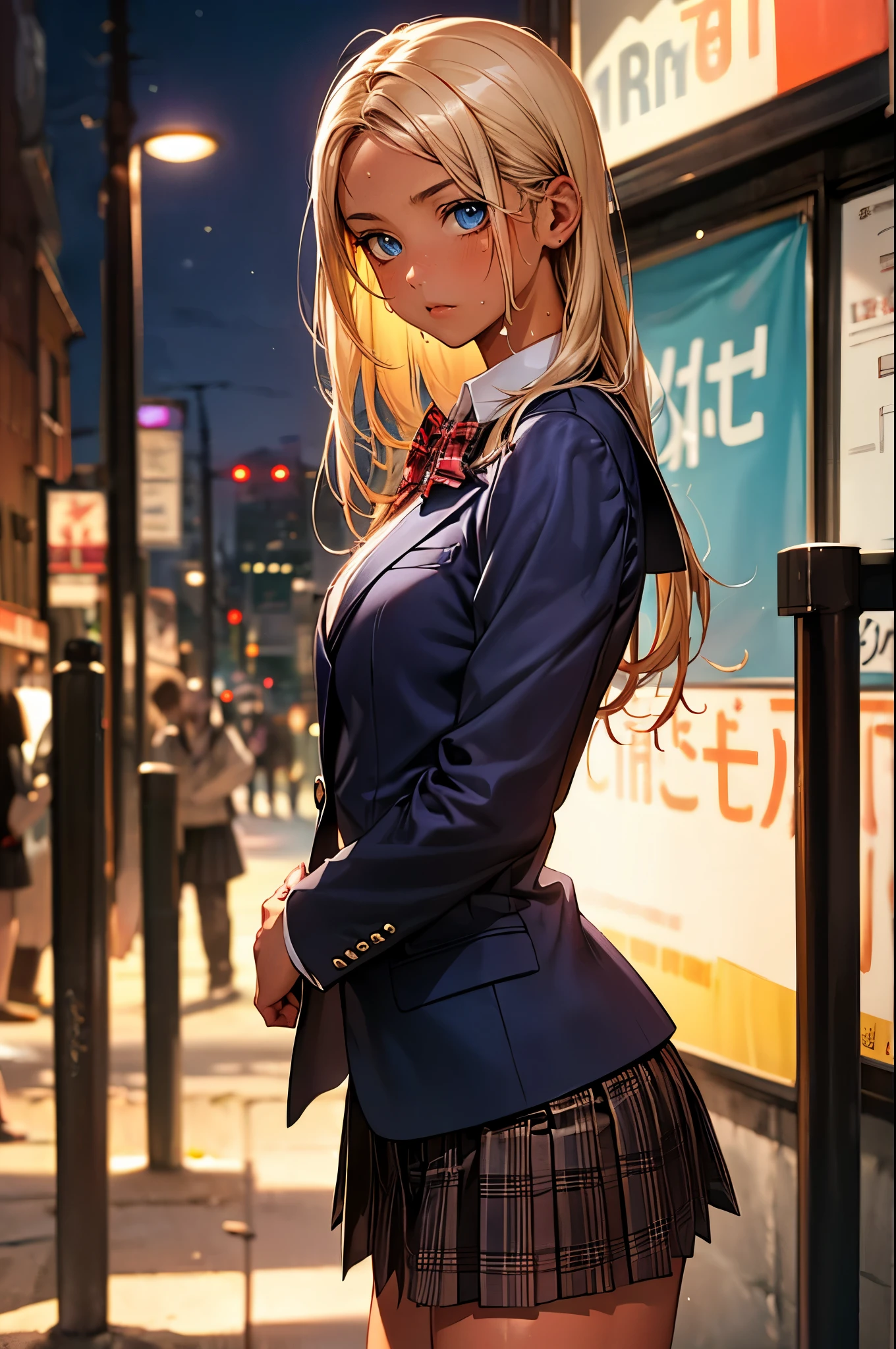 ((perfect anatomy:1.2,realistic:1.3,RAW Photography:1.3,masterpiece、highest quality、Ultra - High resolution、High resolution、Highly detailed CG、8K)),cowboy shot,1 female,solo,18-year-old、High school girl beautiful girl,Japanese,((beautiful detailed face and eyes:1.2,big gorgeous eyes:1.3,)),blonde hair,long hair,(center parted hair:1.4,forehead),medium breasts,slender body,small head:1.3,skinny,(brown skin:1.4),(oily skin,gleaming skin,shiny skin,sweat:1.2),(school uniform、Dark blue blazer jacket、plaid pleated mini skirt),standing,dirty back alley、at night、Tokyo、