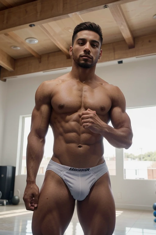 Hombre arrogante posando para una foto desnudo, Fitness model, Adecuado, foto adecuada, hombre en forma, sporty physique, cuerpo en forma, forma tonificada, en un gimnasio, deportes bien, bien tonificado, trabajando afuera, aptitud fisica. Underware white