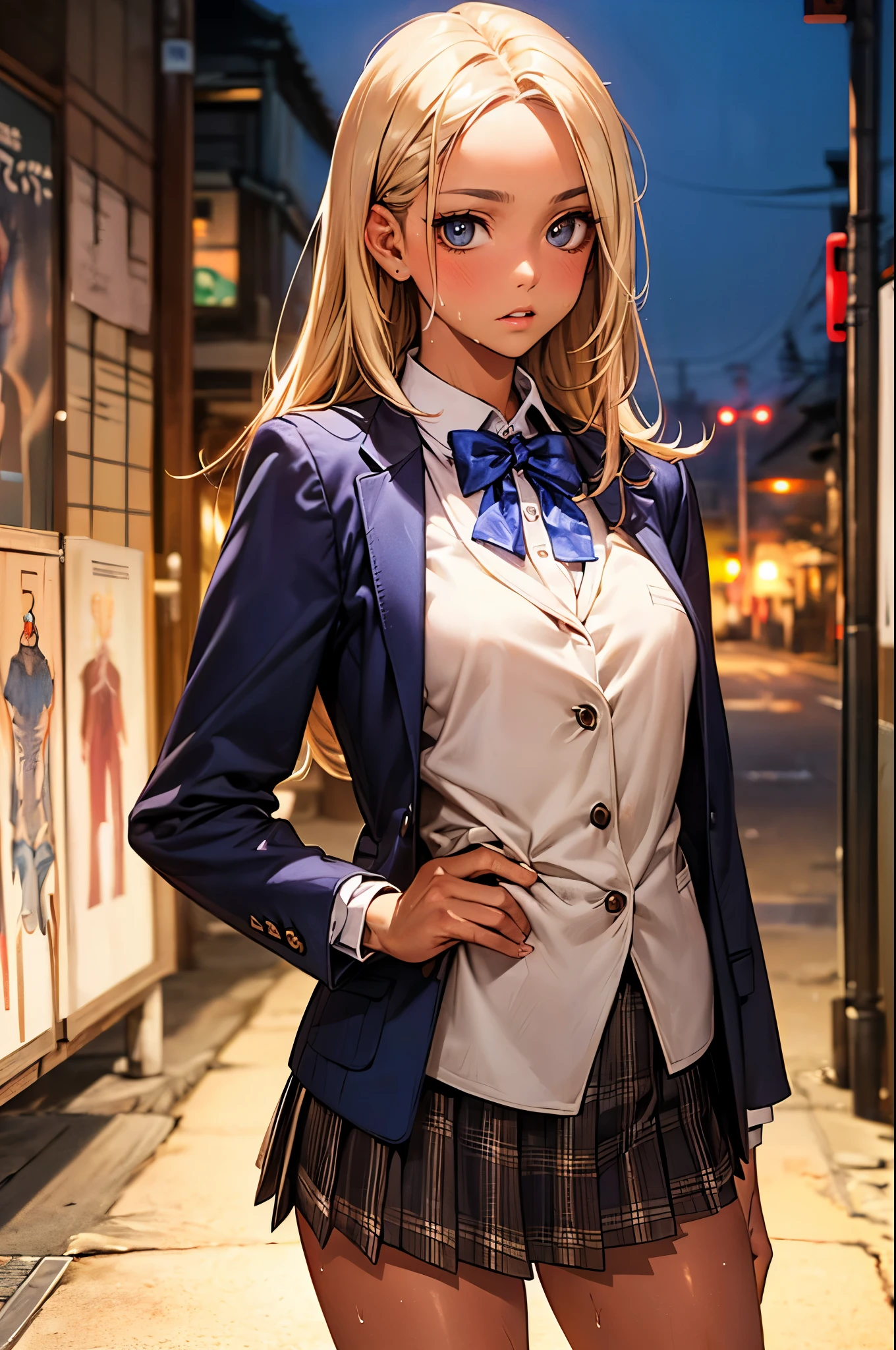 ((perfect anatomy:1.2,realistic:1.3,RAW Photography:1.3,masterpiece、highest quality、Ultra - High resolution、High resolution、Highly detailed CG、8K)),cowboy shot,1 female,solo,18-year-old、High school girl beautiful girl,Japanese,((beautiful detailed face and eyes:1.2,big gorgeous eyes:1.3,)),blonde hair,long hair,(center parted hair:1.4,forehead),medium breasts,slender body,small head:1.3,skinny,(brown skin:1.4),(oily skin,gleaming skin,shiny skin,sweat:1.2),(school uniform、Dark blue blazer jacket、plaid pleated mini skirt),standing,dirty back alley、at night、Tokyo、