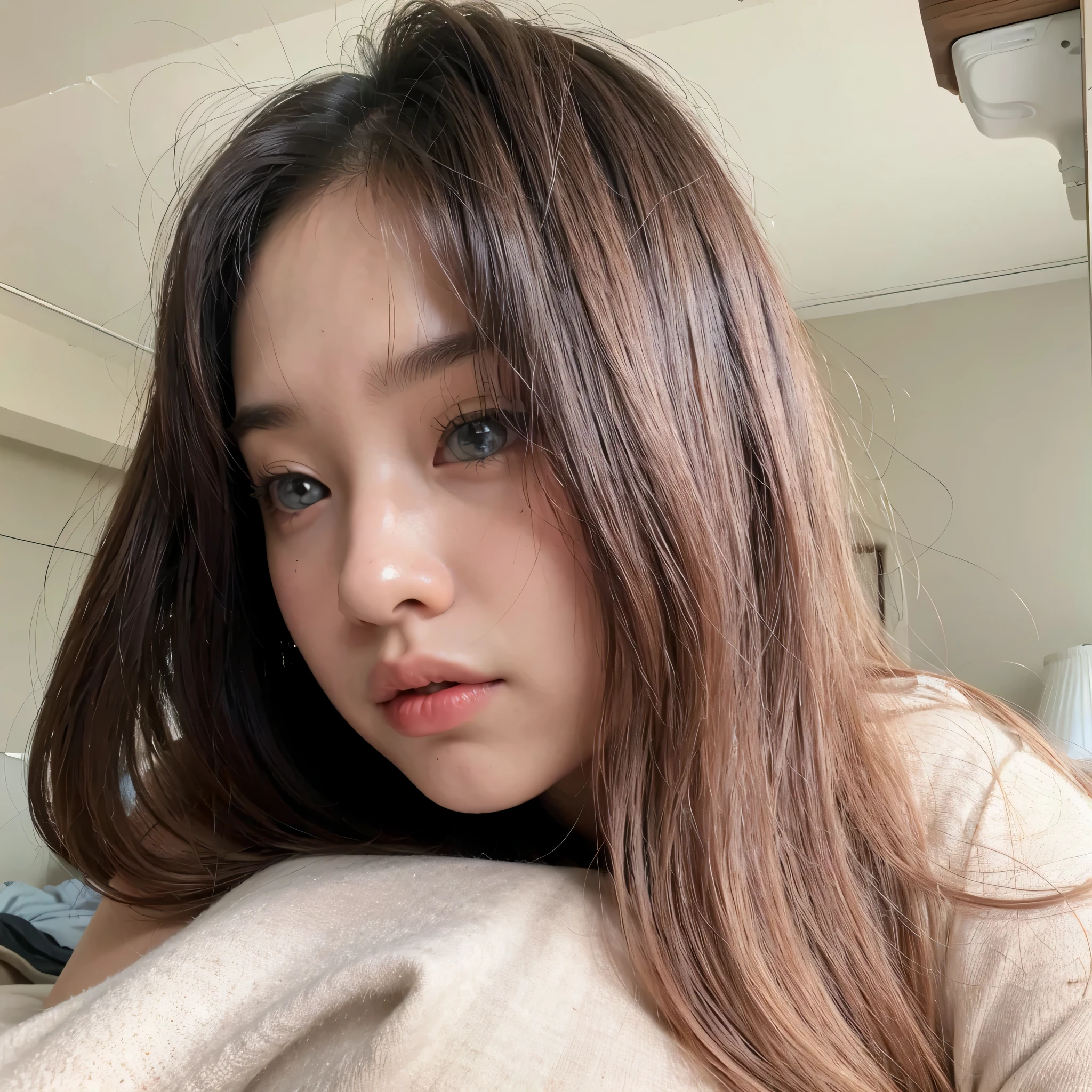 Japanese, woman, Room, 23 years old, medium long hair, Chestnut color, No makeup, Selfie style, double eyelid, D cup, bed, Cumming face, Completely naked