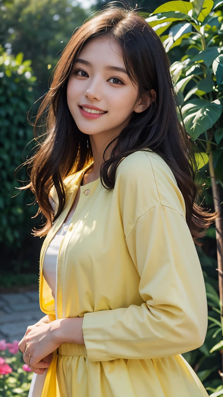 beautiful girl,in a garden,smiling,with big expressive eyes and rosy cheeks,long flowing hair,gently blowing in the breeze,standing amongst vibrant colorful flowers and lush greenery,exuding a sense of joy and tranquility,her yellow shirt complementing the flowers around her.she is wearing a semi-jacket made of yellow jaket and a short vanilla skirt,carrying a small bags on her shoulder.The sunlight illuminates her, casting a soft glow on her face and highlighting the details of her features.Her smile radiates warmth and happiness.Vivid colors and sharp focus capture the beauty of the scene,while the ultra-detailed description brings out the intricate textures of the flowers and clothing.The image is of the highest quality,with a 4k resolution,providing a clear and realistic representation.The overall color tone is warm and inviting,creating a serene and enchanting atmosphere,Enhanced by the use of studio lighting,which adds depth and dimension to the artwork.