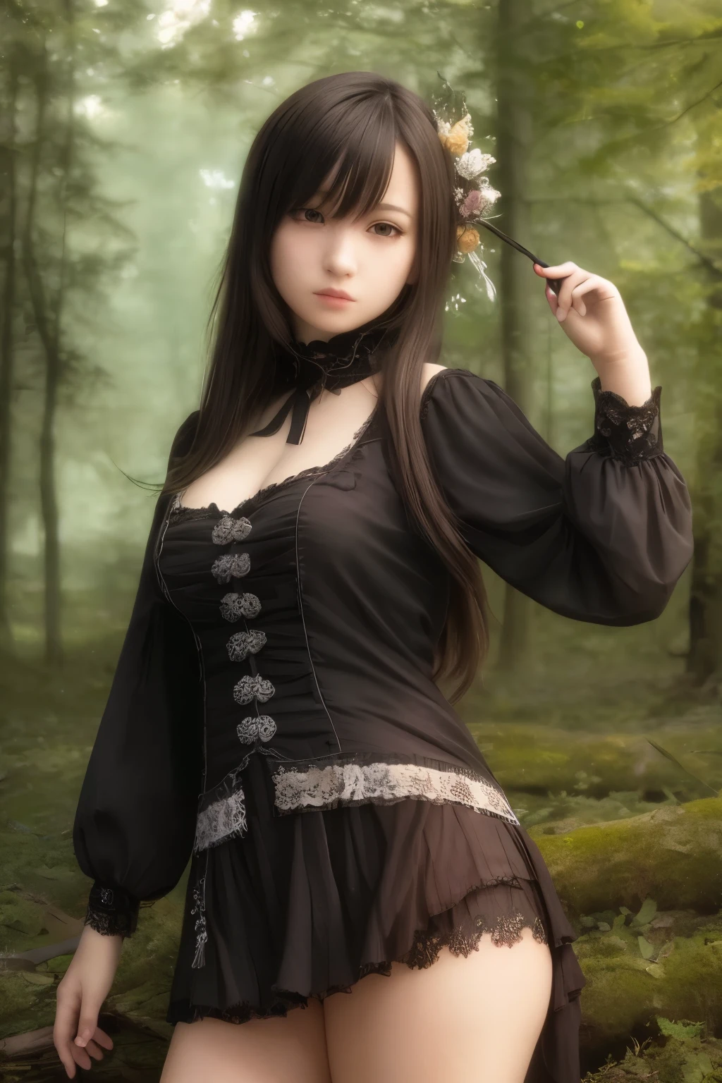 (best quality, masterpiece:1.2),ultra detailed,(photo realistic:1.4),(solo,cute girl:1.1),spooky_forest_background,