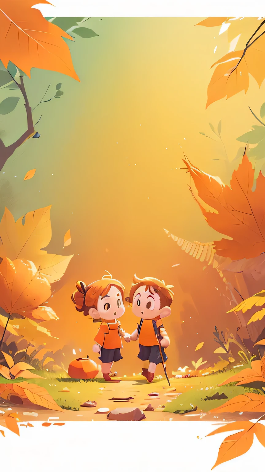 There is an orange color、Small body、Big background,Screen with a lot of white space at the top,Elderly couple hiking, matte illustration, The top of the screen is filled with only orange and leaves space for the title text,autumn,Orange is the most popular color,Few screen elements