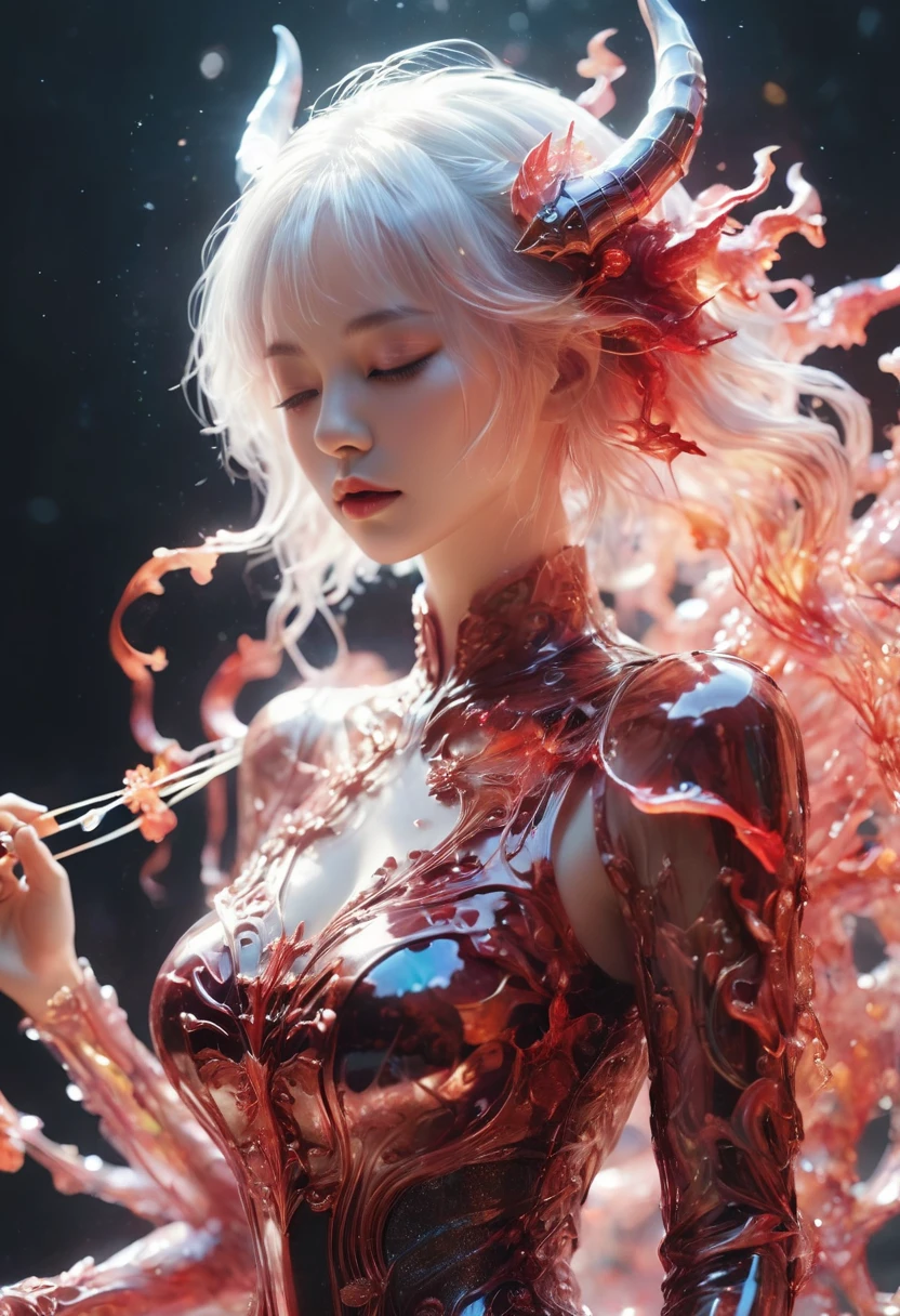 photo RAW, (Black and red : Portrait of a devil girl playing the violin, shiny aura, highly detailed, gold filigree, intricate motifs, organic tracery, by Android jones, Januz Miralles, Hikari Shimoda, glowing stardust by W. Zelmer, perfect composition, smooth, sharp focus, sparkling particles, lively coral reef background Realistic, realism, hd, 35mm photograph, 8k), masterpiece, award winning photography, natural light, perfect composition, high detail, hyper realistic cinematic photo art RAW candid close up photo of an ethereal neural network organism with a glittering pearl helmet, holographic color, waterdrops, divine (cyborg dragon:2 girl:0.3, white hair:0.5 biomorph), glass skeleton, skinless:3, biomechanical details, (empty background), natural lighting, style of h. r. giger, (sharp focus, hyper detailed, highly intricate), . Extremely high-resolution details, photographic, realism pushed to extreme, fine texture, incredibly lifelike,35mm photograph, film, bokeh, professional, 4k, highly detailed