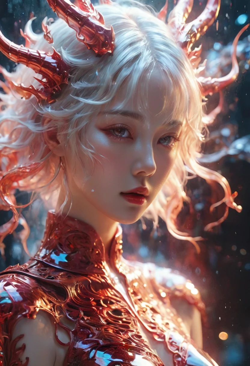 photo RAW, (Black and red : Portrait of a devil girl playing the violin, shiny aura, highly detailed, gold filigree, intricate motifs, organic tracery, by Android jones, Januz Miralles, Hikari Shimoda, glowing stardust by W. Zelmer, perfect composition, smooth, sharp focus, sparkling particles, lively coral reef background Realistic, realism, hd, 35mm photograph, 8k), masterpiece, award winning photography, natural light, perfect composition, high detail, hyper realistic cinematic photo art RAW candid close up photo of an ethereal neural network organism with a glittering pearl helmet, holographic color, waterdrops, divine (cyborg dragon:2 girl:0.3, white hair:0.5 biomorph), glass skeleton, skinless:3, biomechanical details, (empty background), natural lighting, style of h. r. giger, (sharp focus, hyper detailed, highly intricate), . Extremely high-resolution details, photographic, realism pushed to extreme, fine texture, incredibly lifelike,35mm photograph, film, bokeh, professional, 4k, highly detailed