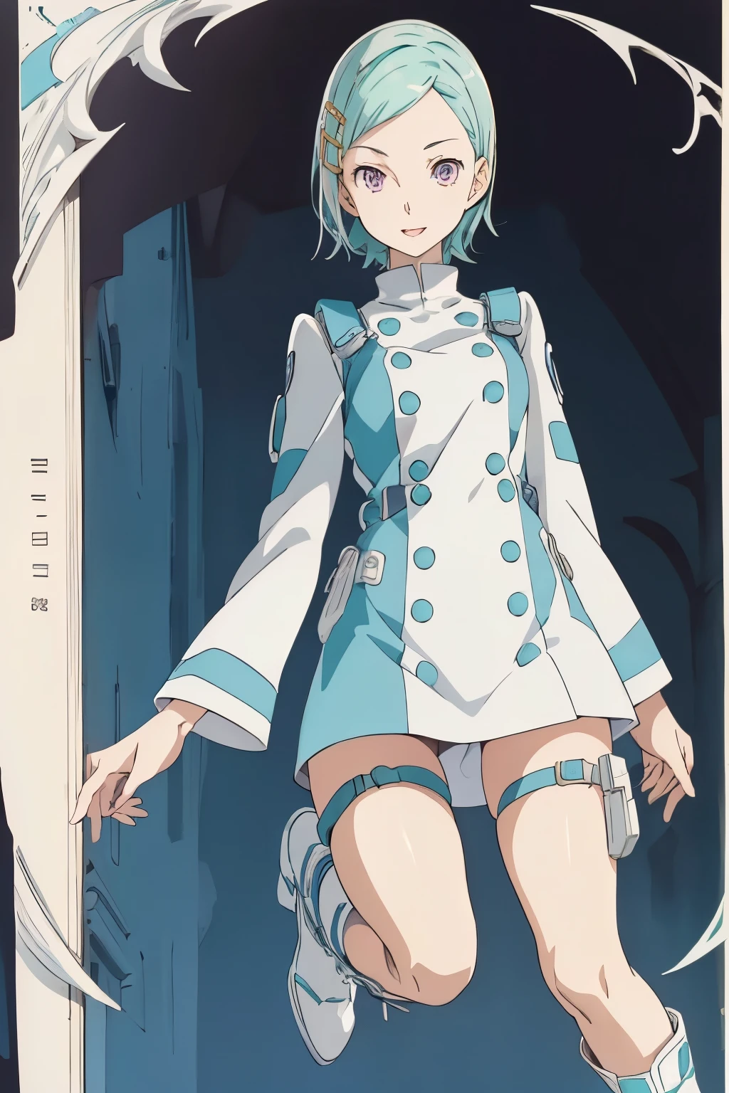 Realistic white lace panties,1girl, solo, boots, white footwear, short hair, purple eyes, thigh strap, hair ornament, hairclip, aqua hair, open mouth, smile, dress, long sleeves, looking at viewer, short dress, leaning forward, knee boots, blue background, thigh pouch, legs l, masterpiece ,8k unity wallpaper,anime key visual,highest quality, High resolution, unity 8k wallpaper, (shape:0.8), highly detailed face,highly detailed eye,glowing eyes , shiny skin,fine skin,white skin,dense skin,detailed hair,highly detailed legs,perfect lighting, Detailed CG, (perfect hands, perfect anatomy),High resolution,anime key visual,(Detailed wear ),slender limbs, delicate curves, dainty hands, tiny feet,figure:0.8,anime coloring,