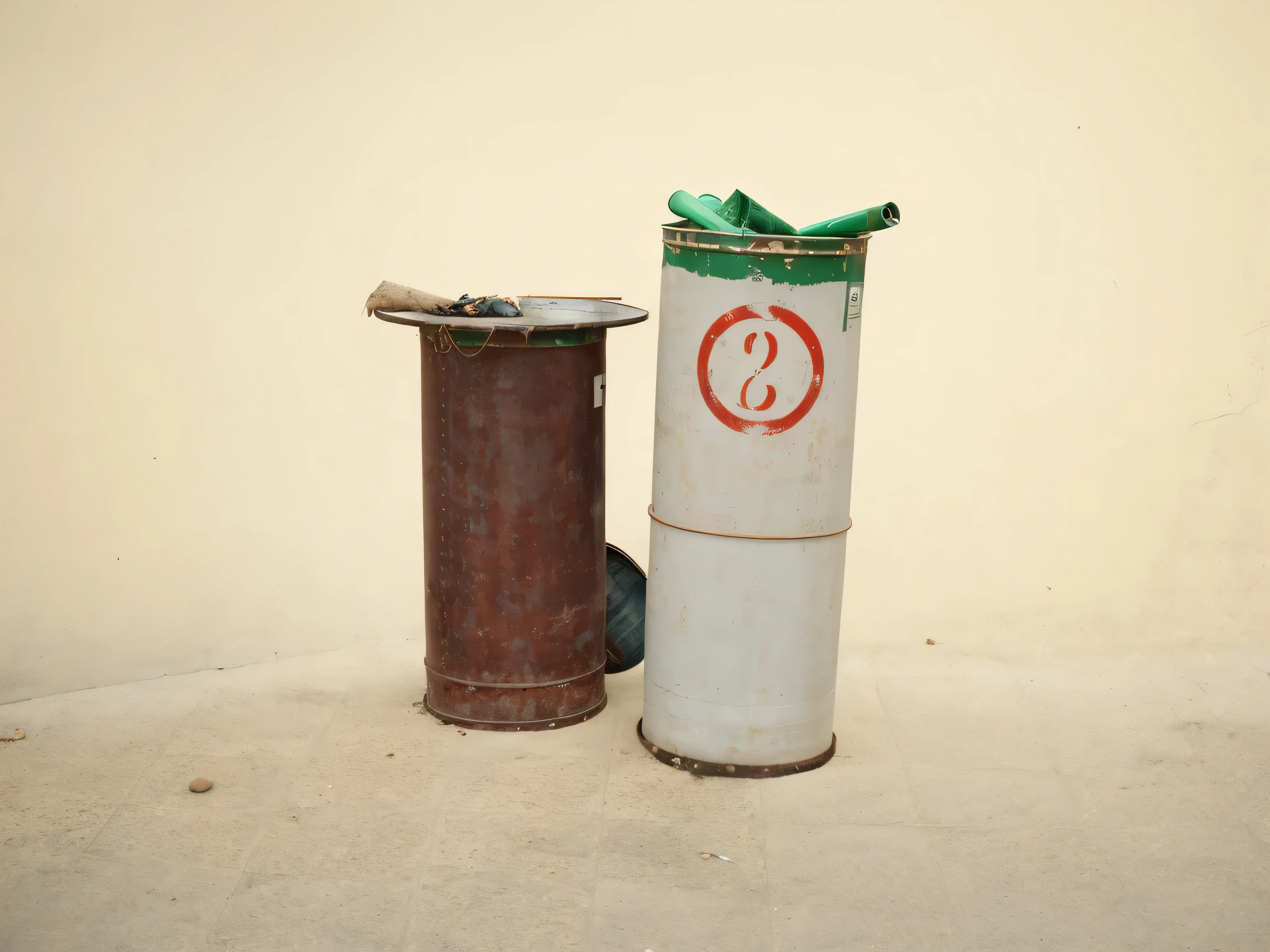 there are two trash Thatns sitting next to each other on the floor, garbage can, nuclear waste, Rust and plaster materials, Thatns, Alexei Egorov, pillar, metal Rust and plaster materials, toxic waste, tin Thatn, Barrel fires and tents, author:Alphonse von Cibulka, author:Stefan Girovsky, That. 2001