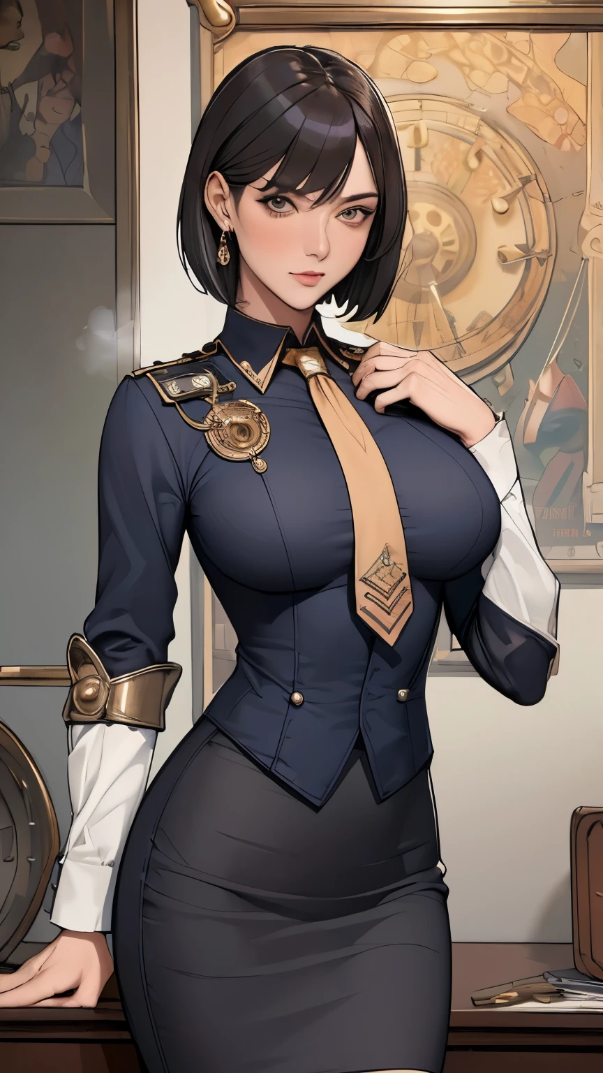 (masterpiece:1.3), (disorganized:1.3), (highest quality:1.3),perfect anatomy,detailed face,Steam punk, victorian era,Hong kong,horizontal angle,hands,looking at viewer, (Super detailed:1.3),(best shadow:0.7), solo,1 middle aged woman,saggy small breast,(treated hair), angled bob cut,fine eyes, beautiful eyes, 1 middle aged woman, naval officer,alone, standing, crystal earrings,closed_mouth, arm_behind_return, (naval uniform,pencil skirt,tie), rest outdoors, intimidating pose,cowboy shot