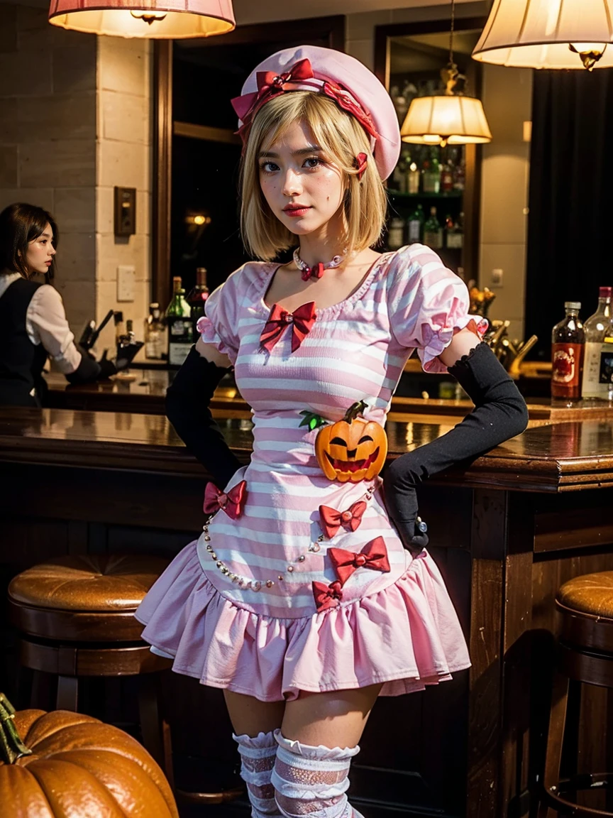 (1 lady), The beautiful, (Best quality at best:1.4), (ultra - detailed), (extremely detailed CG unified 16k), gold blonde hair, very detailed, High-definition RAW color photo, professional photoshooting, amazing face and eyes, cosmetics, (amazingly beautiful girl), ((lambdadelta)), ((dress, shoes bow, red shoes, striped stockings, red bow, pink hat, necklace, gloves, pearl, pumpkin brooch, pink dress)), standing, sexyposture,(Dark and stylish bar, drinks, lamp lights, lamp lights:1.3), (look from down), realistic cinematic face, head to feet long wide zoomed out view, full body long view, photorealistic, ((realistic natural blonde hair style, honey eyes)), gorgeous, extremely beautiful face, perfect model beauty, pout mouth, flirting smile, cleavages, city girl, western, shopping in the city, (masterpiece), best quality, high resolution, extremely detailed, blurred background, depth of field, cinematic lighting, amazing legs, high heels, clear and well-cared skin