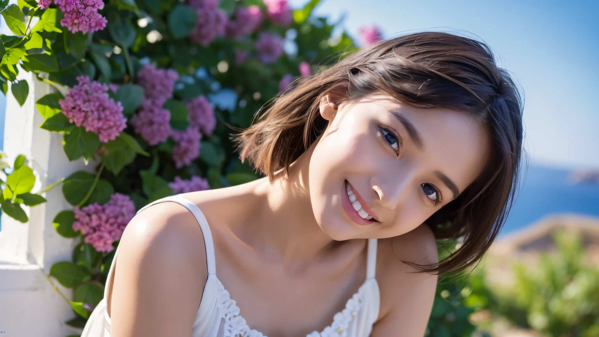 1girl in, (Dress up in fashionable trendy fashion:1.2), (Raw photo, Best Quality), (Realistic, Photorealsitic:1.4), masutepiece, Extremely delicate and beautiful, Extremely detailed, 2k wallpaper, amazing, finely detail, the Extremely Detailed CG Unity 8K Wallpapers, Ultra-detailed, hight resolution, Soft light, Beautiful detailed girl, extremely detailed eye and face, beautiful detailed nose, Beautiful detailed eyes, Short hair, Small, White House in Santorini, Blue sky and Aegean Sea,
 Cinematic lighting, Perfect Anatomy, Slender body, Smiling, Midsummer rays