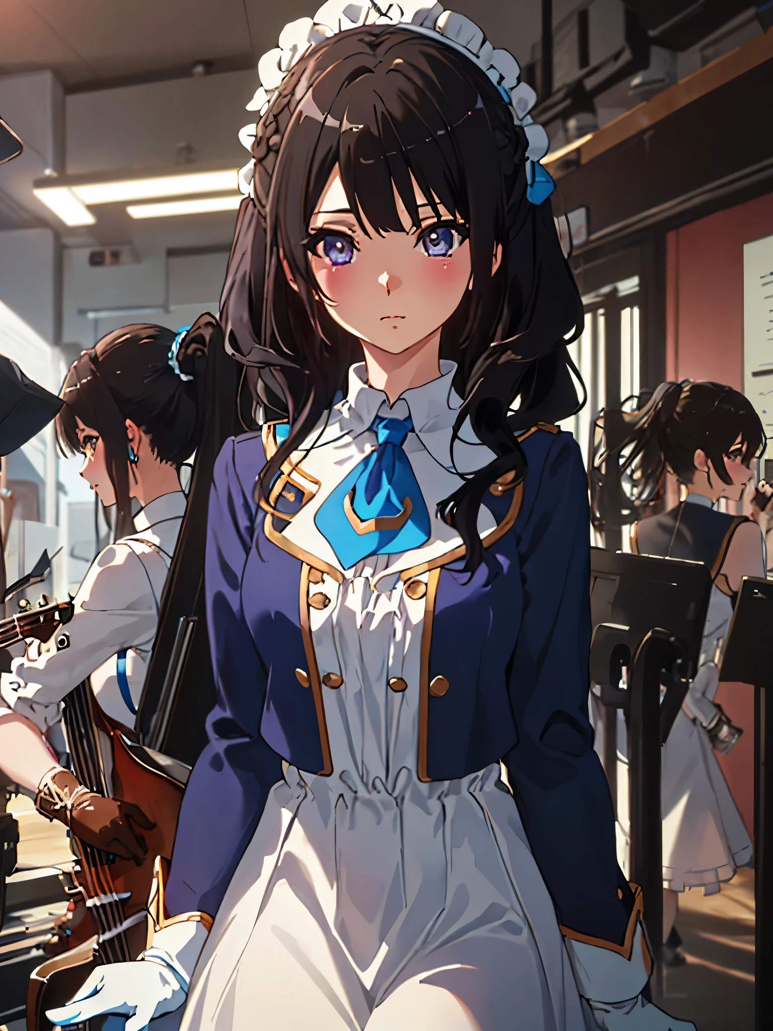 solo, {kousaka_reina_soundeuphonium:1.15}, black hair, long hair, purple eyes, blush, bangs, closed mouth, ponytail, 
BREAK (white ascot, brooch, blue jacket, long sleeves, brown gloves, white dress, long dress:1.2)
BREAK (masterpiece:1.2), best quality, high resolution, unity 8k wallpaper, (illustration:0.8), (beautiful detailed eyes:1.6), extremely detailed face, perfect lighting, extremely detailed CG, (perfect hands, perfect anatomy),