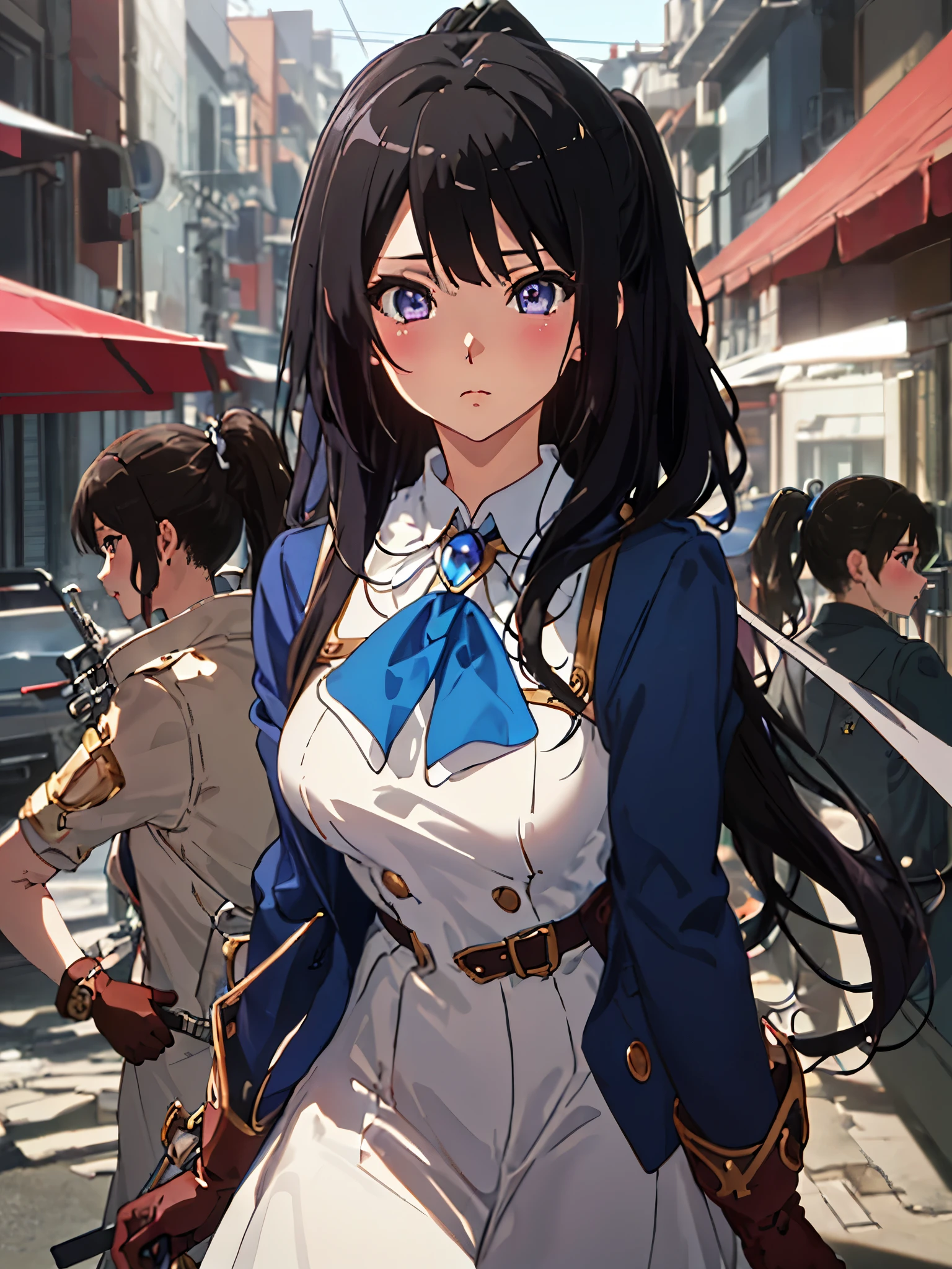 solo, {kousaka_reina_soundeuphonium:1.15}, black hair, long hair, purple eyes, blush, bangs, closed mouth, ponytail, 
BREAK (white ascot, brooch, blue jacket, long sleeves, brown gloves, white dress, long dress:1.2)
BREAK (masterpiece:1.2), best quality, high resolution, unity 8k wallpaper, (illustration:0.8), (beautiful detailed eyes:1.6), extremely detailed face, perfect lighting, extremely detailed CG, (perfect hands, perfect anatomy),