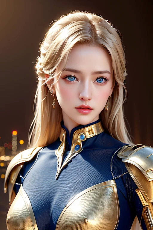 realistic, Realistic picture,Masterpiece,high resolution, woman ,With blue eyes, look at the audience., (detailed face), With blue eyes,blonde hair, cybernetic robot,Metallic red body/gold color,(The details of the outfit were perfect..) The background is a deserted city..