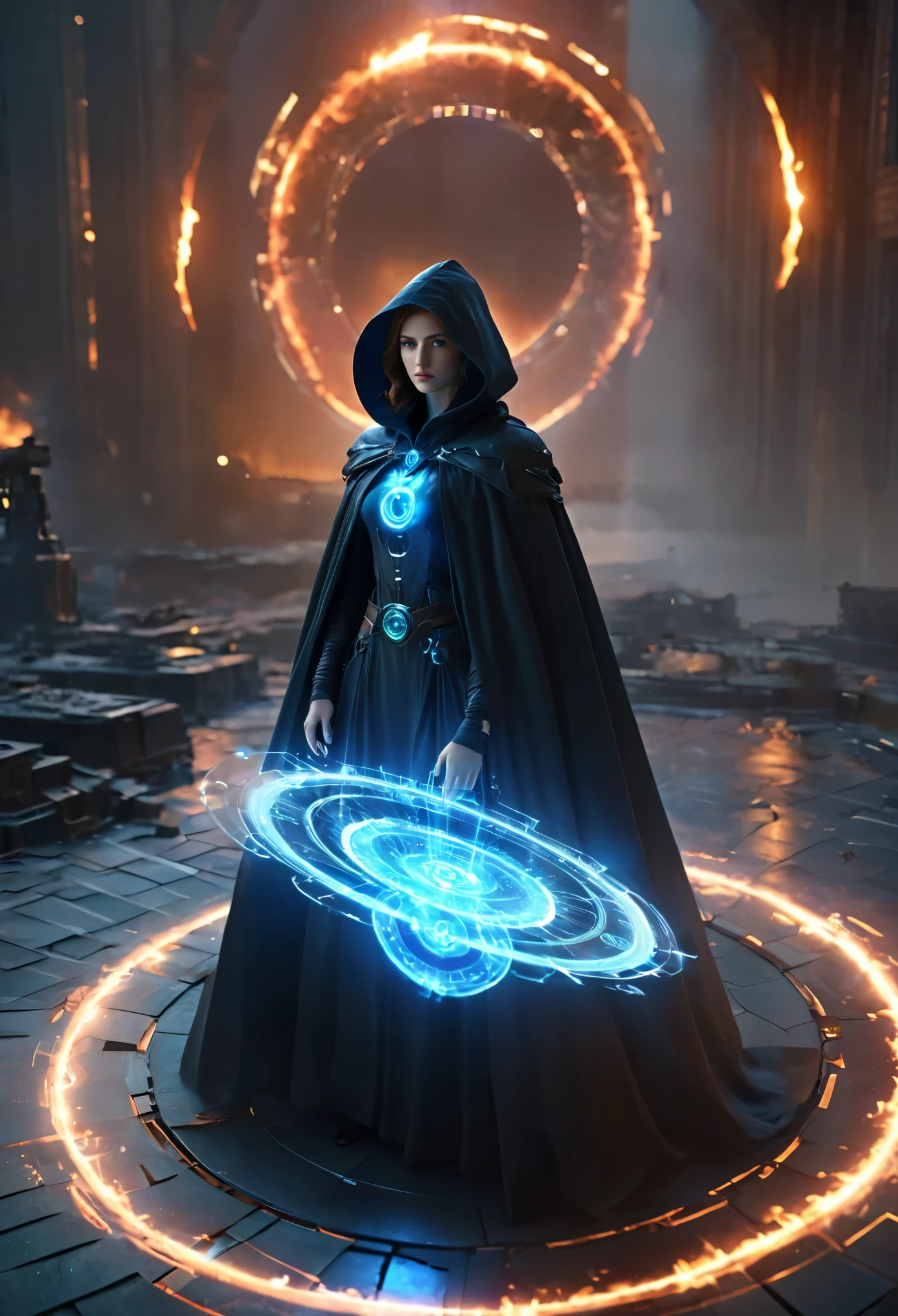 magic circle,magic array,magic circles,magic array,1girl,mecha,black,cloak,dark style,ultra wide,octane render masterpiece,beautiful depth of field,ultra wide field,ultra detailed CG perspective,ultra dynamic lighting amazing shadows,cityscape,hell,blue fluorescence,