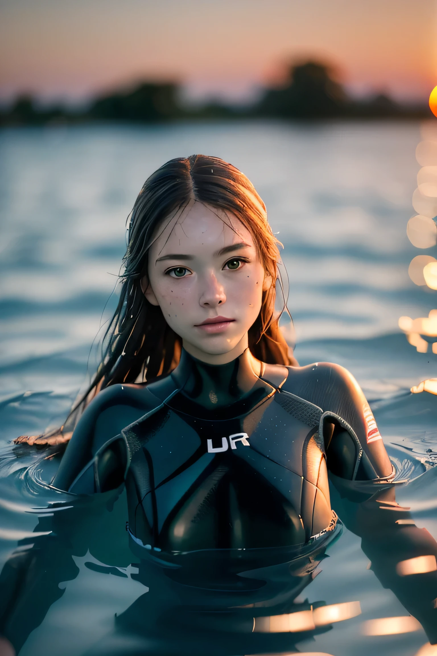 (masterpiece), (very complicated:1.3), (realistic), girl portrait, lying on her back floating on the surface of the water, (dynamic perspective), the most beautiful in the world, (swimming wetsuit), outdoor, intense sunlight, distant factory group, Stunning female professional photo details, sharp focus, dramatic, Award history, cinematic lighting, Octane Rendering Unreal Engine, volumetrics dtx, (film grain, blurred background, blurred foreground, Bokeh, Depth of the bounds written, sunset, motion blur:1.3)