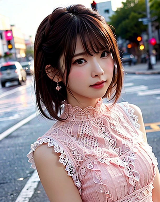 a woman posing on the street corner with pink dress on, highest quality, High resolution, 8K, 1 girl, (ample breasts), Day, bright, outdoor, (street:0.8), (people々, crowd:1), (Lace Trim Dresses:1.5, pink clothes:1.5, pink high neck dress:1.5, sleeveless dress, pink dress: 1.5), nice, (medium hair), beautiful detailed sky, beautiful earrings, (random sexy pose:0.8), (Upper body:1.2), soft lighting, Wind, shiny skin, looking at the viewer,  blush