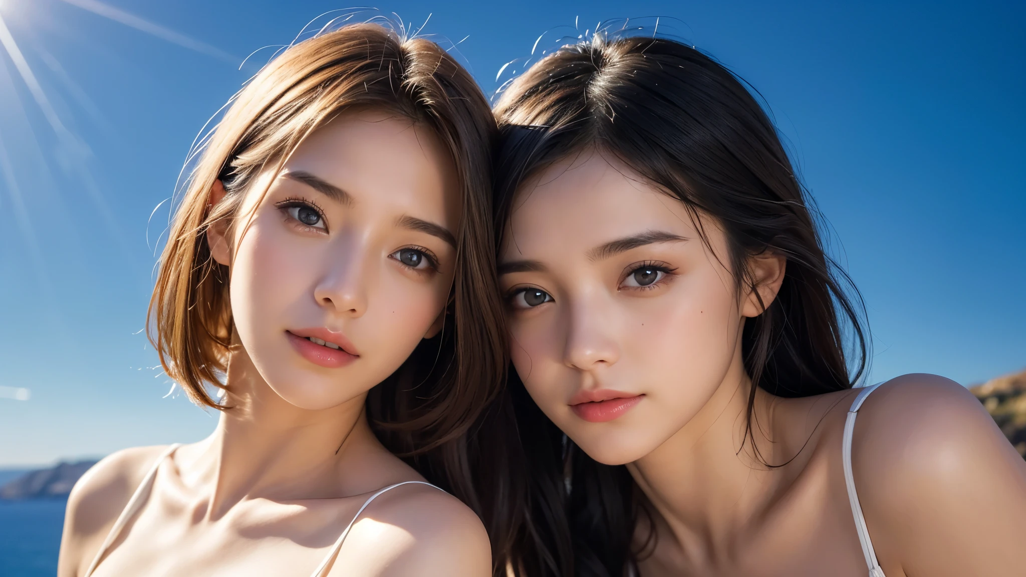 1girl in, (Dress up in fashionable trendy fashion:1.2), (Raw photo, Best Quality), (Realistic, Photorealsitic:1.4), masutepiece, Extremely delicate and beautiful, Extremely detailed, 2k wallpaper, amazing, finely detail, the Extremely Detailed CG Unity 8K Wallpapers, Ultra-detailed, hight resolution, Soft light, Beautiful detailed girl, extremely detailed eye and face, beautiful detailed nose, Beautiful detailed eyes, Short hair, Small, White House in Santorini, Blue sky and Aegean Sea,
 Cinematic lighting, Perfect Anatomy, Slender body, Smiling, Midsummer rays
