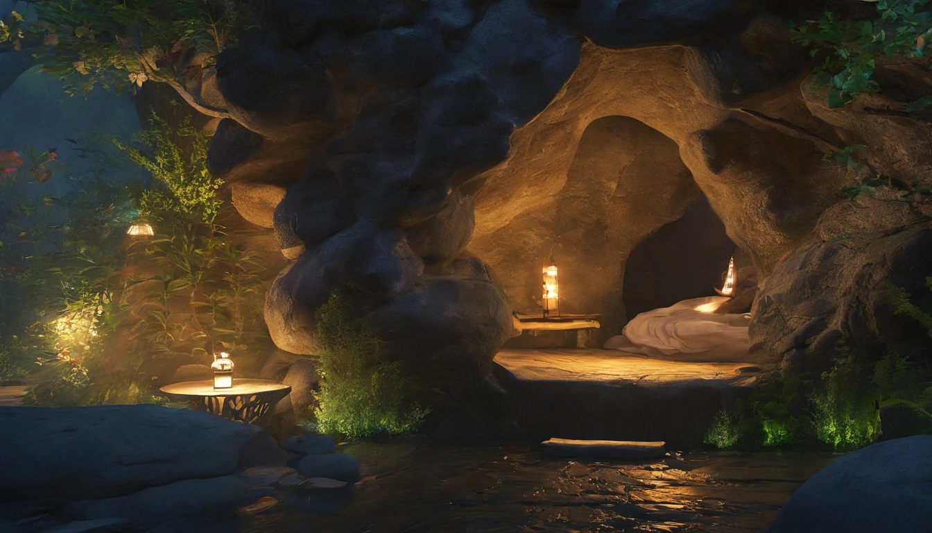 In the middle of the night, in the dark healing space, the bathroom of the fairy house, there is a bath that looks like a large natural rock hollowed out in the center of the bathroom. This bath is designed in harmony with nature with the atmosphere of a natural hot spring filled with plenty of hot water. The windows let in the blue moonlight and reveal a dark forest at midnight, and the bathroom walls are covered with natural rocks and stones, giving the bathroom a natural feel. The walls have indirect lighting that emits a pale light, warm wooden decking is laid out, and shelves made of natural wood and bamboo are decorated with fragrant herbs and flowers to refresh the body and mind, One-person viewpoint, Super Detail, high details, High quality, 8K