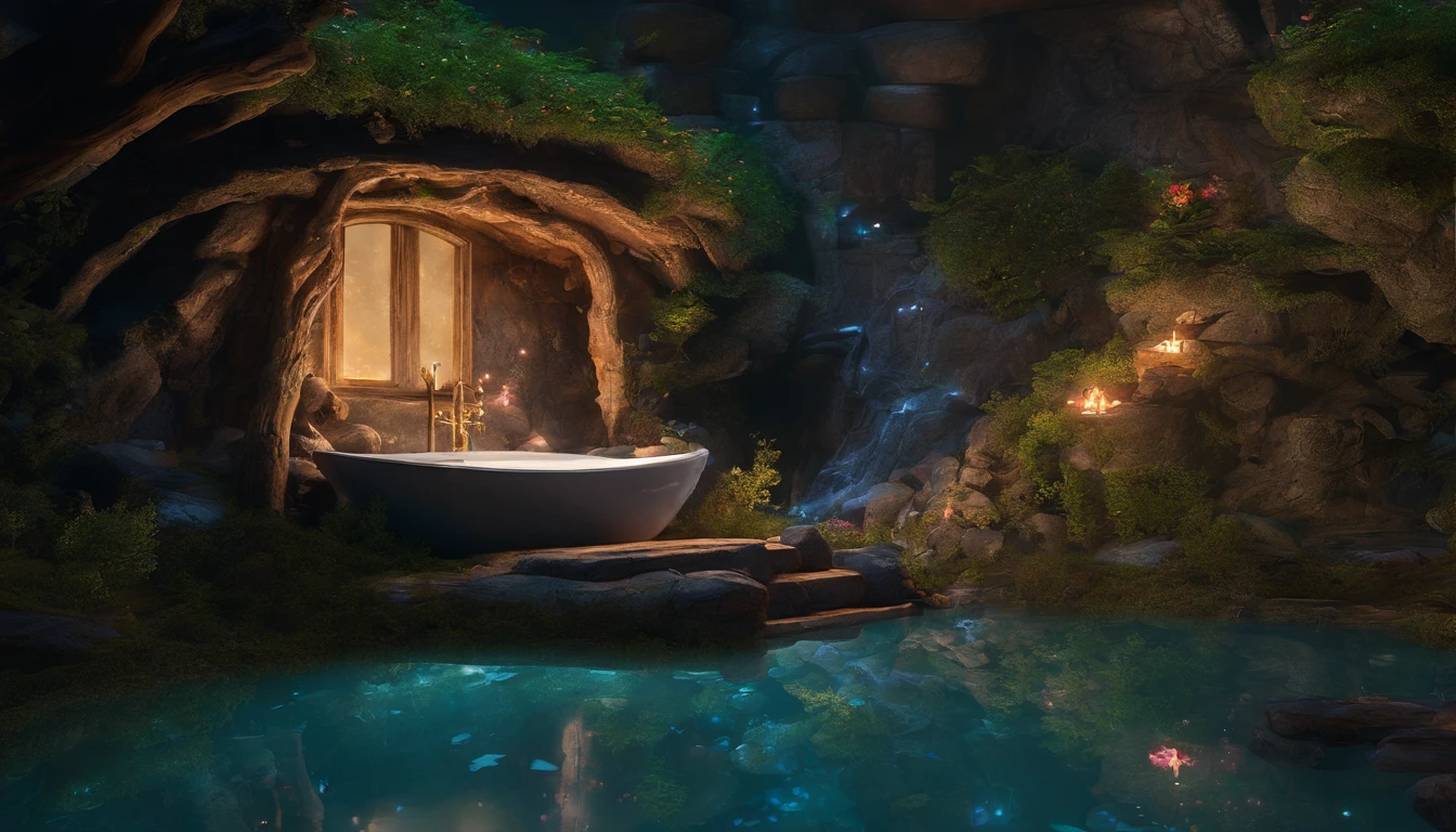 In the middle of the night, in the dark healing space, the bathroom of the fairy house, there is a bath that looks like a large natural rock hollowed out in the center of the bathroom. This bath is designed in harmony with nature with the atmosphere of a natural hot spring filled with plenty of hot water. The windows let in the blue moonlight and reveal a dark forest at midnight, and the bathroom walls are covered with natural rocks and stones, giving the bathroom a natural feel. The walls have indirect lighting that emits a pale light, warm wooden decking is laid out, and shelves made of natural wood and bamboo are decorated with fragrant herbs and flowers to refresh the body and mind, One-person viewpoint, Super Detail, high details, High quality, 8K