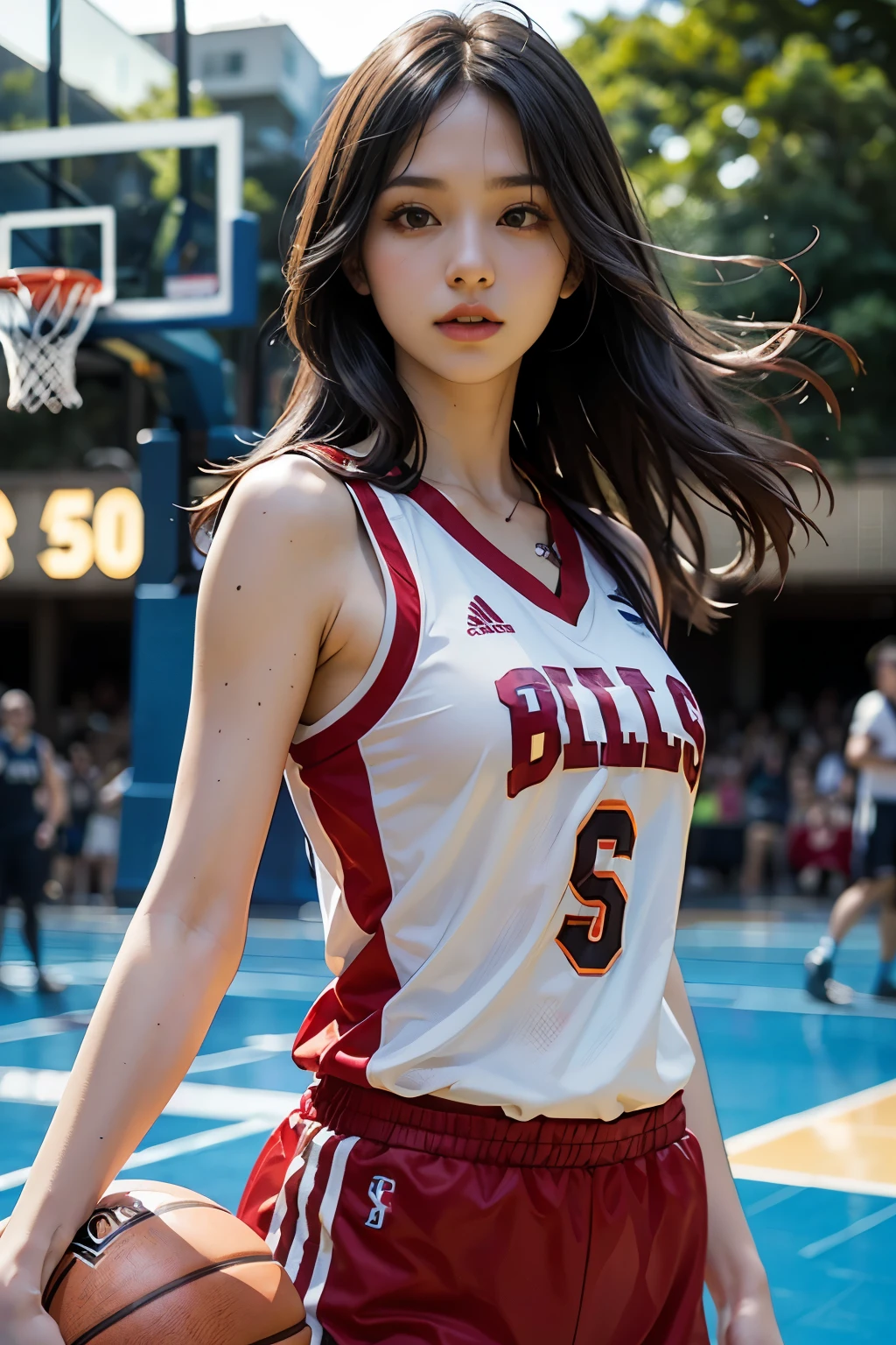 8 thousand, best quality, masterpiece: 1.2), (realistic, realistic: 1.37), very detailed, best quality, ultra high resolution, professional lighting, photon mapping, radio city, Physically Based Rendering, movie lights , Basketball courts, depth of field, Concentrate upon, sun rays, good composition, (bokeh: 1.2), 1 girl, (whole body), (closed mouth), beautiful eyes, pose, constriction, basketball uniform, black hair , messy hair, long hair blowing in the wind,(Ulzzang-6500:1.2) mix 4, hiqcgbody, big bust, A little sexy outfit, clothes:random color,