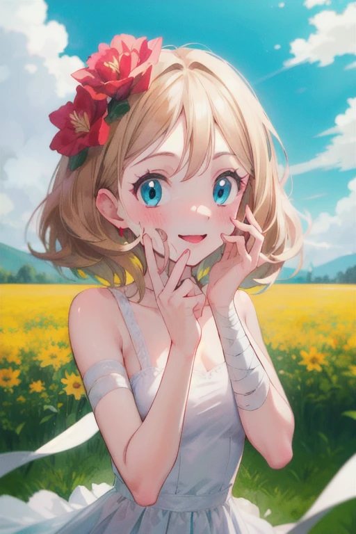 gonzarez, masterpiece, Serenaj, 1girl, solo ,  blue eyes, close mouth, blonde hair, outdoor, looking at viewers, day, sky,  flowers field, bandage on head , smile, cute, blush, lovely   bandages on face