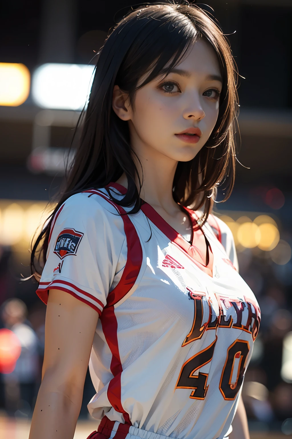 8 thousand, best quality, masterpiece: 1.2), (realistic, realistic: 1.37), very detailed, best quality, ultra high resolution, professional lighting, photon mapping, radio city, Physically Based Rendering, movie lights , Basketball courts, depth of field, Concentrate upon, sun rays, good composition, (bokeh: 1.2), 1 girl, (whole body), (closed mouth), beautiful eyes, pose, constriction, basketball uniform, black hair , messy hair, long hair blowing in the wind,(Ulzzang-6500:1.2) mix 4, hiqcgbody, big bust, A little sexy outfit, clothes:random color,