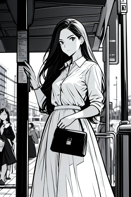 (ridiculous, High resolution, super detailed), masterpiece, best quality, 1 female,whole body,long hair, shirt,long skirt, Soft Face Features,look up,briefcase,Raise your hand to hit someone,Embarrassed expression. Bus stop in the background.
