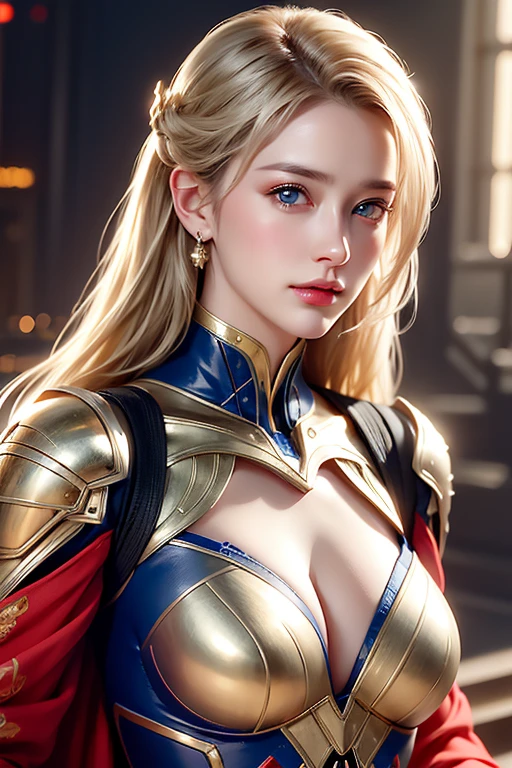 realistic, Realistic picture,Masterpiece,high resolution, woman ,With blue eyes, look at the audience., (detailed face), With blue eyes,blonde hair, cybernetic robot,Metallic red body/gold color,(The details of the outfit were perfect..) The background is a deserted city..