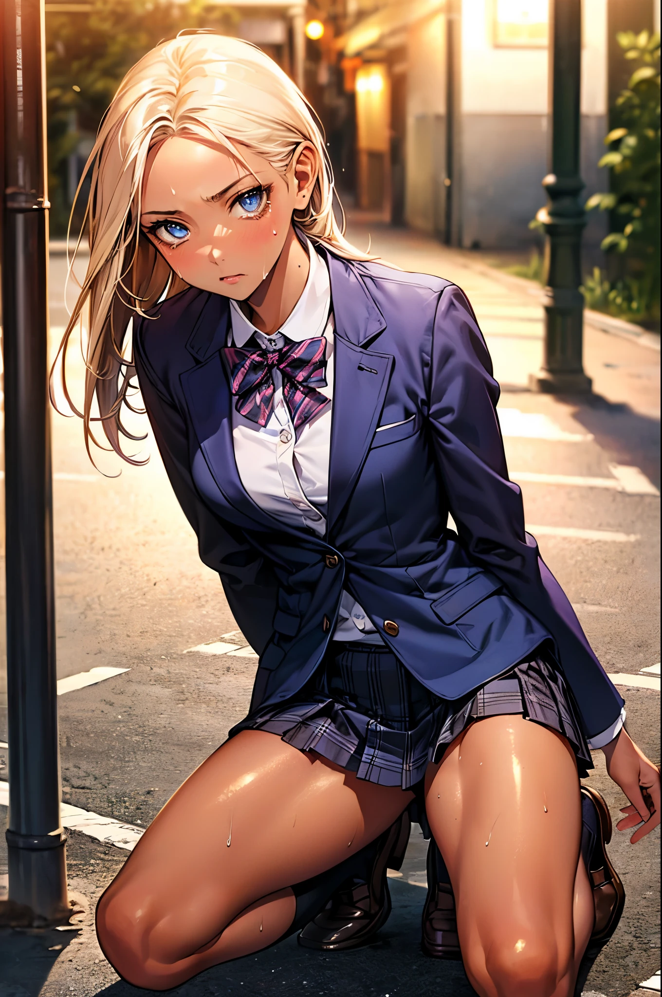(((night,真night中))),((perfect anatomy:1.2,realistic:1.3,RAW Photography:1.3,masterpiece、highest quality、Ultra - High resolution、High resolution、Highly detailed CG、8K)),cowboy shot,1 female,solo,18-year-old、High school girl beautiful girl,Japanese,((beautiful detailed face and eyes:1.2,big gorgeous eyes:1.3,)),blonde hair,long hair,(center parted hair:1.4,forehead),medium breasts,slender body,small head:1.3,skinny,(brown skin:1.4),(oily skin,gleaming skin,shiny skin,sweat:1.2),(school uniform、Dark blue blazer jacket、plaid pleated mini skirt),kneeling,dirty back alley、Tokyo、