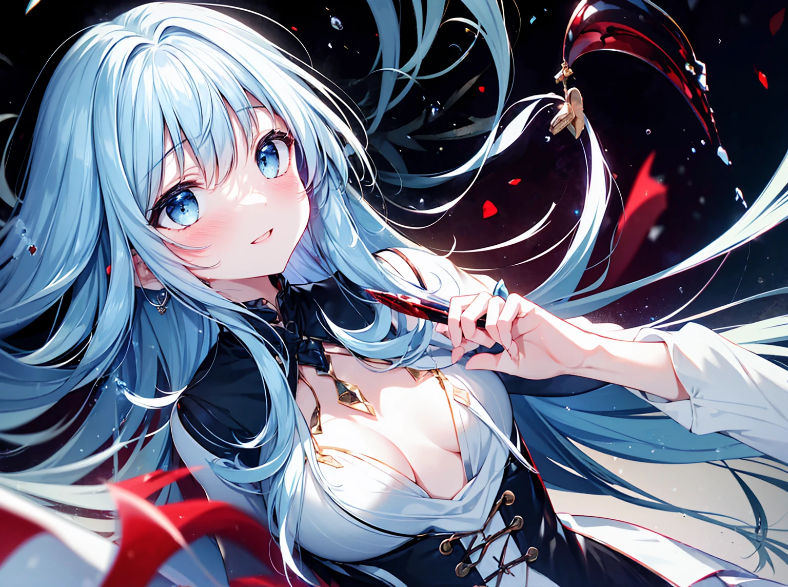 (masterpiece, best quality, extremely detailed, absurdres)), masterpiece, best quality, extremely detailed, (((light blue long hair))), long hair cute anime faces, detailed light, parted lips, shiny, beautiful detailed face, long hair, pale long hair, smile, looking at viewer, jewelry, lips, beautiful, expressive face, 1girl, solo, flat chest, blush, bangs, super fine illustration, 8k wallpaper, (photo background: 1.3), beautiful, (vivid: 1.4), colorful lighting,yandere, 
blue_hair, blood, blood_on_clothes, blood_on_face,
blood_on_hands, blood splatter, 
holding a knife, messy hair, insane eyes,  bloody, yandere, insane, sitting, thighs, , holding a knife, crazy smile、 Horror, Research facility, (dripping blood,