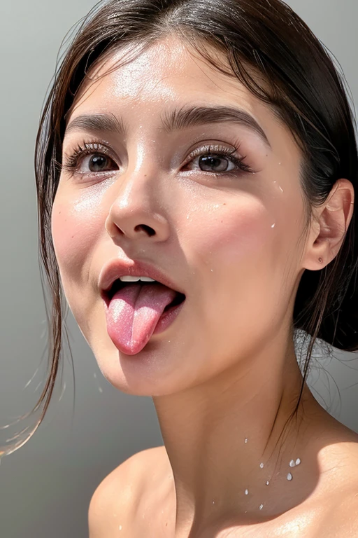 Taylor Hill、High resolution realistic photos,8K,realistic skin texture,to be born々new person,1 girl,table top,,Awards - Award-winning photos, very detailed, focus the eyes clearly, nose and mouth,face focus, super close up of face、woman with open mouth and closed eyes, black camisole、20-year-old,black haired、symmetrical face,realistic nostrils、angle from below、elongated C-shaped nostrils,((gray background))、sweaty skin、汗でglowing skinを強調する照明、((sharp nose))Skin shiny with sweat、shiny skin、sweaty hair、sunlight、(wrinkles between eyebrows)((frown))（cum on tongue)、deep kiss、((thin eyebrows))(((oily skin)))、glowing skin、double eyelid、wet and shiny tongue、tied hair、Updo、My head rose,(((drooling, saliva trail)))Beautiful Japanese milf,