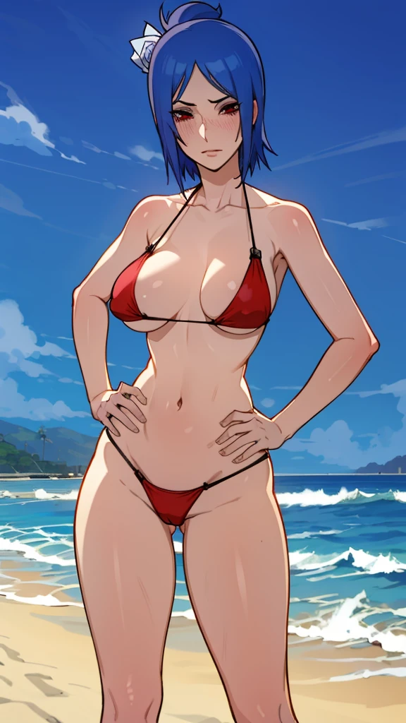 Konan, blue hair, red eyes, big breasts, (sexy micro bikini, whore bikini), looking at the viewer, sexy, anatomically correct, detailed eyes, detailed face, standing, (beach background: 1.5), her areolas are visible from bikini