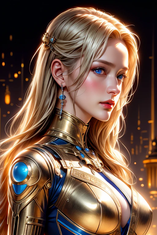 realistic, Realistic picture,Masterpiece,high resolution, woman ,With blue eyes, look at the audience., (detailed face), With blue eyes,blonde hair, cybernetic robot,Metallic red body/gold color,(The details of the outfit were perfect..) The background is a deserted city..