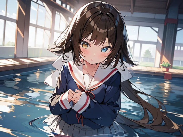 1 girl、mashiromitsumine, mashiro mitsumine, (brown eyes:1.5), brown hair, ponytail, (flat chest:1.2), break grey skirt, long sleeve, neck ribbon, red ribbon, ribbon, sailor collar, skirt, white sailor collar, (blue shirt:1.5), break looking at viewer, (full body), break indoors, school pool, (large amount of water)、Wet、(skirtが水面に広がります)、(Completely flooded)、The whole body is immersed in water、swim、break (masterpiece:1.2), highest quality, High resolution, unity 8k wallpaper, (figure:0.8), (detailed and beautiful eyes:1.6), highly detailed face, perfect lighting, Very detailed CG、(Panmoro)、(skirt全開)、ロングワイドskirt、cute、(white panties)、blush、Watery eye、spring、Drooling pulls a thread、