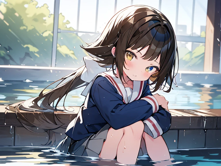 1 girl、mashiromitsumine, mashiro mitsumine, (brown eyes:1.5), brown hair, ponytail, (flat chest:1.2), break grey skirt, long sleeve, neck ribbon, red ribbon, ribbon, sailor collar, skirt, white sailor collar, (blue shirt:1.5), break looking at viewer, (full body), break indoors, school pool, (large amount of water)、Wet、(skirtが水面に広がります)、(Completely flooded)、The whole body is immersed in water、swim、break (masterpiece:1.2), highest quality, High resolution, unity 8k wallpaper, (figure:0.8), (detailed and beautiful eyes:1.6), highly detailed face, perfect lighting, Very detailed CG、(Panmoro)、(skirt全開)、ロングワイドskirt、cute、(white panties)、blush、Watery eye、spring、Drooling pulls a thread、