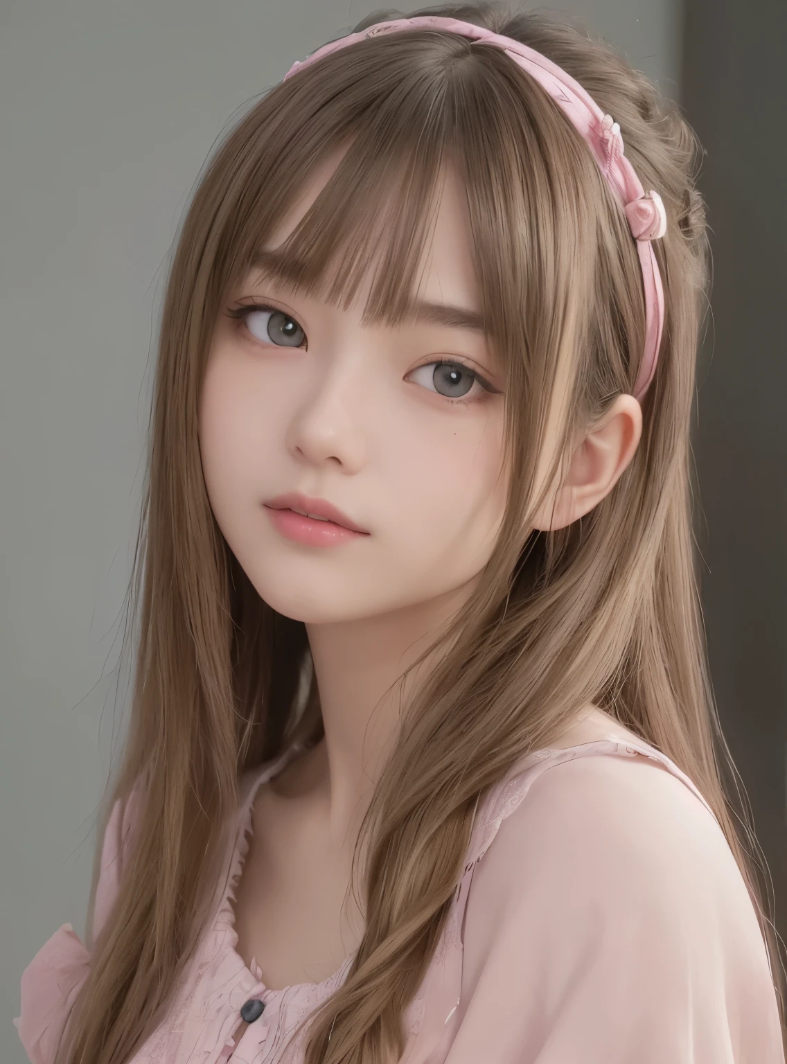 Smile、natta、Raw photography、(((Portrait of extreme beauty)))、((glistning skin))、1 girl、16 year old beautiful girl in Prague、bright expression、((brown-blond-light-hair))、[Big pink-purple eyes that shine like jewels]、Glossy glossy skin、Silky medium straight hair、eye liner、Beautiful bangs、Hair between the eyes、((​masterpiece、top-quality、ultra-detailliert、Film Light、intricate-detail、hight resolution、ighly detailed))、Detailed background、8KUHD、Digital SLR、Soft light、hightquality、Film grain、FujifilmXT3 、Shallow depth of field、natural soft light、（No hands）、Kamimei、Lush bust, pink outfit, pink ribbon hairband