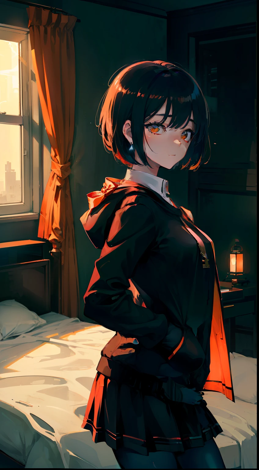 cinematic lighting、(key light:Front diagonal 45 degrees, fill light、Backlight、Shadow、blue and orange color palette), accurate human body、knowledgeable person、Correct five-finger、Raw photo、 4K - ultra-vivid、highest quality, masterpiece, ultra high resolution, (reality: 1.4),
(((oil skin,glowing skin、realistic skin texture、fine and beautiful skin、shiny skin、shiny skin)))、
upper body shot, camera angle is low, written boundary depth, Focus on the center, fine eyes, perfect face and eyes、
girl, black short bob, early teens, Black hoodie with pockets, plaid mini skirt, Purple collar, black face mask, earrings,
big breasts, thin, Are standing , Naughty,
zettai ryouiki, absurd解決策, absurd, highest quality, (((big breasts、big breastsの谷間)))、dark room、A room without lights、Desaturated room、love hotel bed、indoor、love hotel bedルーム